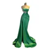 2024 Green Evening Dresses Wear One Shoulder Crystal Beads Sleeveless Floor Length Side Split Custom Satin Formal Prom Dress Evening Gowns