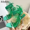 Sandaler Eilyeken Fashion Summer Rhinestone Feather Women Sandaler LACE-UP Cross-bundna Sexig Gladiator Square Toe Ladies High Heel ShoesJ240122