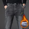 Мужские джинсы, теплые мужские брюки 2024, зимние флисовые тонкие прямые серые эластичные плюс бархатные утепленные джинсовые брюки, обычные мужские брюки