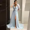 Party Dresses 2024 Sky Blue Arabic Aso Ebi Evening Long Chiffon Women Formal Prom Gowns Elegant Dubai Side Slit Wedding Guest Robe