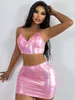 Women's Swimwear 3 Piece High Waist Bikini Set Women Pink PU Leather Push Up Top with Pleate Skirt Swimsuit 2024 Summer Bathing Suit Swimwear