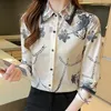 Blusas de mujer Blusa con cadena de flores Mujer Manga larga Solapa Estampado de moda Camisa de seda satinada delgada Ropa de calle para mujer Tops casuales Primavera Verano