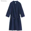 Femmes sommeil salon gaufre Couple peignoir printemps hiver femmes robe de chambre à manches longues coton Kimono solide Robe avec poches genou longueur RobesL240122