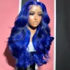 Cheveux brésiliens saphir bleu crache de poils humains de couleur bleu 360 perruques frontales en dentelle 180% densité HD en dentelle de perruque avant synthétique