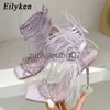 Sandaler Eilyeken Fashion Summer Rhinestone Feather Women Sandaler LACE-UP Cross-bundna Sexig Gladiator Square Toe Ladies High Heel ShoesJ240122