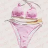 Pink Swimwear Letter Print Bikinis Set for Women Sexy Three Point Biquinis Summer Lace Up Halter Swimsuit Hot Sping Swimwear