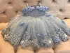 2022 Cute Light Sky Blue Girls Pageant Dresses Princess Tulle Lace Appliques Pearls Kids Flower Girl Dress Ball Gown Birthday Gown9793084