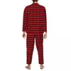Мужская одежда для сна с геометрическим рисунком, пижамные комплекты, осенний черный и красный клетчатый милый мягкий комплект для спальни, пара из двух предметов, ретро-дизайн большого размера, ночная рубашка