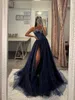 Navy Blue Prom robe une ligne paillettes High Split Evenant Elegant Glitter Bone Bodice Appliques Party Robes pour Special OCNS Promdress