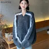 Women's Sweaters Panelled Patchwork Pullovers Women Mink Cashmere Soft Loose Long Sleeve V-neck Knitting Simple Commuting Autumn Chic