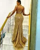 Luxury Gold Lace Beading Mermaid Evening Dresses African Girls Long Sleeves High Collar Formal Party Gowns Slim Fit Lace-up Back Engagement Event Prom Dress CL3237