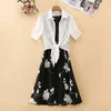 Elegant Suit Twopiece Dress High Waist Sleeveless Slim Aline Skirt Floral Embroidery White Top Bow Belt Vintage WOMEN 240123