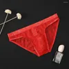 Cuecas homens rendas calcinha transparente briefs moda sexy gelo seda respirável cintura baixa gays roupa interior biquíni lingerie