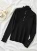 Women's Sweaters Women Pullovers Sweater Mock Neck Knitted Black Basic Beading Long Sleeve Korean Fashion Knitwears Jumper Tops Pulls