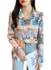 Blouses pour femmes bleu imprimé fleuri femmes Blouse hauts femme col rabattu à manches longues bouton OL vêtements de travail chemises décontractées 6603 #