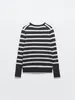 Women's Knits 2024 Spring Autumn Women Sweater Basic BlackWhite Stripe Knit Round Neck Pearl Button Cardigan Long Sleeves Casual Outerwear