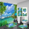 Cortinas de ducha 3D, paisaje de playa junto al mar, cubierta de inodoro, juegos de alfombrillas de baño, juego de cortinas de baño con estampado de árboles de coco, cortinas de ducha de tela impermeables