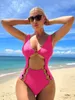 Wear Hollow Out One Piece Swimsuit 2023 Women Solid Hot Pink Metal Ring Linked Swimwear Sexy Ribbed Backless Bathing Suit Monokini