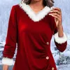 Women's Blouses Lady Christmas Top Stylish V Neck Button Decor Pleated Color Matching Pullover Cozy Warm Fall/winter For