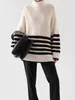 Kadın Sweaters Kadınlar 2024 Sonbahar Moda All-Match Battleneck Raglan Uzun Kollu Çizgili Sweater Chic Side Split Top Mujer