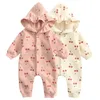 Spring Fall Baby Clothes Sweet Cherry Print Jumpsuit For Girls Cotton Fleece Thick Hooded Romper Brody Bodysuit Infant Onesie 240119