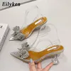Eilyken, весенне-осенние серебряные женские туфли-лодочки с кристаллами и блестками и бантом, прозрачные сандалии из ПВХ на низком высоком каблуке, обувь для вечеринок, свадьбы, выпускного вечера 240119