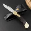 Cuchillo plegable táctico de calidad superior Nuevo Clásico 110 AUTO 440C Hoja satinada Ébano con mango de cabeza de latón Navajas de bolsillo EDC para exteriores con funda de cuero