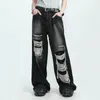 Jeans pour femmes rétro de style rétro vintage gothique haute jambe large avec des trous déchirés Hip Hop avec des couleurs solides pour un