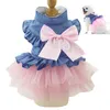 Cão vestuário bowknot vestido denim malha cachorrinho princesa pet roupas gato festa traje filhotes laço floral colete sundress