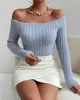 Women's Sweaters Women Knit Off The Shoulder Sweater Long Sleeve Ribbed Slim Cropped Top Lapel Dropped Neck Overlock Fall Outfits S-L