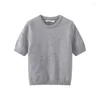 Chandails pour femmes Keyanketian 2024 Lancement Col rond Pull gris à manches courtes Été Élégant Simplement Mince Crop Top Top Pull