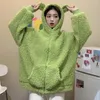 Women's Hoodies Kawaii Fleece Faux Fur LongAutumn Winter Women Green Beige Zip-up Sweatshirt Sleeve Hooded Teddy Bear Ears Soft White