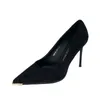 Новые замшевые женские туфли-лодочки на тонком высоком каблуке, рабочие туфли, черные туфли в горошек, сексуальные вечерние черные свадебные туфли 240123