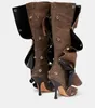 Super Thin High Heel Knee High Boots For Women Fashion Show Winter Boots Shoes Rivet Pointed Denim Boots Metal Button Shoes