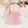 Flickas klänningar vårhösten ny klänning barn flickor 4-7 år rosa långärmad kostym krage veckad klänning för små flickor koreanska elegant avslappnad