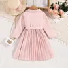 Girl's Dresses Spring Autumn New Dress Kids Girls 4-7 Years Pink Long-Sleeved Suit Collar Pleated Dress For Little Girls Korean Elegant Casual