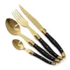 Cucina da campo 4 pezzi Posate dorate Set di posate Laguiole Coltelli da bistecca affilati in acciaio inossidabile dorato Forchette Cucchiai da zuppa Cucchiaini Set di stoviglie YQ240123