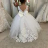 Cute Flowers Gril Dress Camellia Gowns Appqulies Beads Bow With Long Train Backless Buttons Wedddding Party Ball Gown BC9309