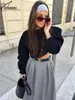 Skirts Oymimi Elegant Grey Loose For Women Casual High Waist Pleated Fashion Solid Ankle-Length Streetwear