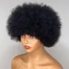 Fluffy Afro Kinky Curly Human Hair Wig with Thick Bang 70s Natural Short Bob Wigs for Black Women 180% Density Full Lace Front Wig