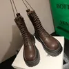 Stiefel Herbst und Winter Schnürung kniehohe Damen weibliche Frauenschuhe runde Zehen Damenmode Plattform Kampf