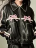 Vrouwen Jassen 2024 Harajuku Vintage Y2k Zoete Pu Jas Vrouwen Streetwear Roze Strikken Gedrukt Losse Lederen Emo Alt Grunge outfits