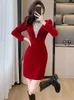 Casual Dresses Women Red Velvet Patchwork Diamonds Luxury Party Dress Autumn Winter Elegant Festival Long 2024 Korean Vintage Prom