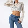 Women's T Shirts Hollow Out Crochet Crop Tops Summer Long Sleeve Round Neck Solid Color Loose Knitted T-Shirts Y2K Sweater