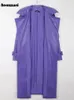 Nerazzurri Autunno lungo viola ecopelle Trench per donna Cintura alta qualità elegante lusso elegante soprabito moda 240119