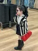 2024 Spring New Korean Children's Wear Girl's Black and White Wide Vertical Stripe Sweater Hoodie Zipper Cardigan Coat 240123