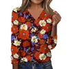 Women's T Shirts Fashion Casual Long-Sleeved Vintage Printed V-Neck Button-Up Top Slim-Type Temperament Daily Pullover Ropa De Mujer