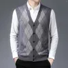 Gilets pour hommes Hommes Laine Col V Pull tricoté Gilet Cardigan Plaid Color Block Casual Bouton polyvalent Double Pulls de poche