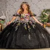 Robe De Quinceanera noire mexicaine étincelante Charro 2024 Robe De Xv Debutante Shine Seize Robes De Fête D'anniversaire 3D Florals Robe De Bal Para Debutante Rode De Mariage