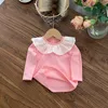 Kleine meisjes kleding sets 2024 lente peuter kinderen prinses outfits baby falbala revers lange mouw T-shirt kleurrijke pompons applique vest jurk 2 stks Z6841